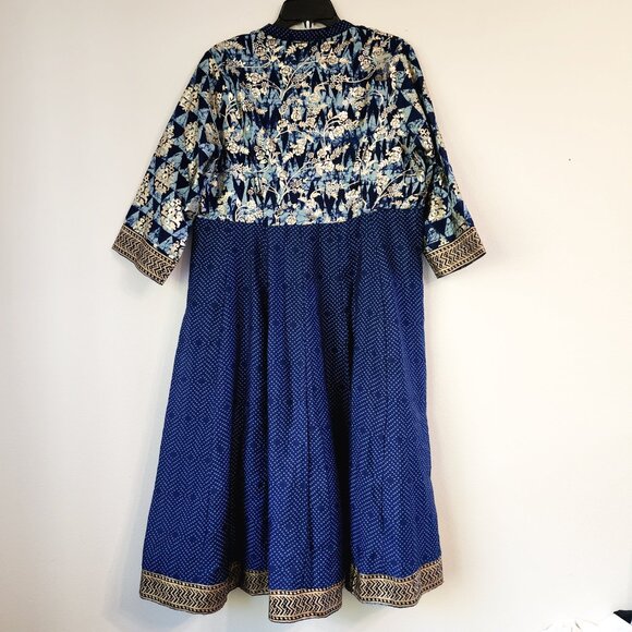 BIBA Kurta Tunic Maxi Dress Women Sz 38 Blue Gold Floral Print V Neck Lined - Picture 11 of 13